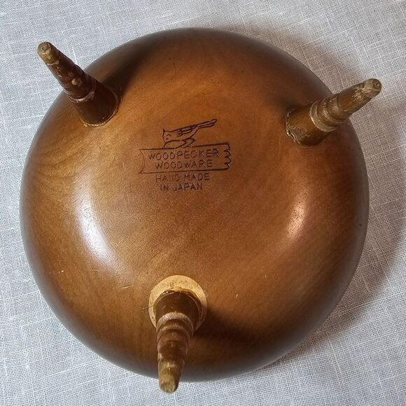 Vintage Woodpecker Woodware Bon Bon Wooden Footed Bowl Handmade Japan Paris - Picture 4 of 6